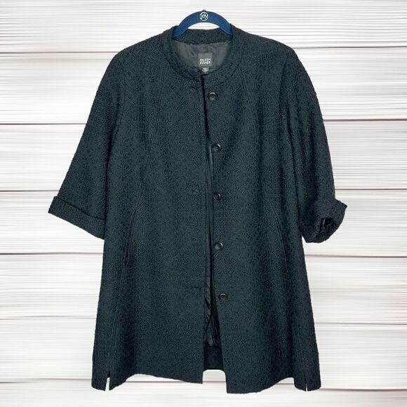Eileen Fisher Textured Black Wool Swing Coat Silk Lined 3/4 Sleeve Band Collar S - Picture 1 of 13